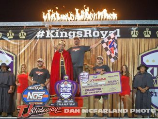 David Gravel with crew chief Cody Jacobs and crew in victory lane at Eldora Speedway after winning the 41st Kings Royal at Eldora Speedway. (T.J. Buffenbarger Photo)