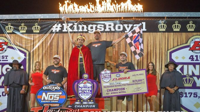 David Gravel with crew chief Cody Jacobs and crew in victory lane at Eldora Speedway after winning the 41st Kings Royal at Eldora Speedway. (T.J. Buffenbarger Photo)