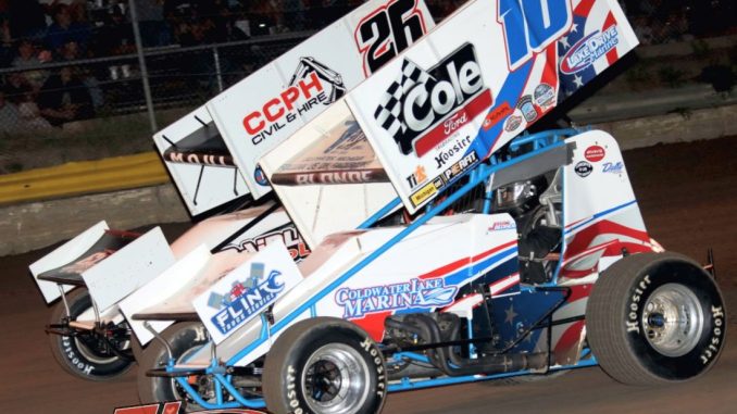 Todd Moule (#26) and Jason Blonde (#10) racing for position Friday at I-96 Speedway with the Great Lakes Super Sprints. (Jim Denhamer Photo)