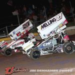 Devon Dobie (#23) and Brad Lamberson (#27) racing for position Friday at I-96 Speedway with the Great Lakes Super Sprints. (Jim Denhamer Photo)