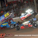 Dustin Daggett (#85) racing with Max Stambaugh (#71M) Friday at I-96 Speedway with the Great Lakes Super Sprints. (Jim Denhamer Photo)