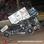 Zak Broughman (#27) racing with Abby Hohlbein (#11) Friday at I-96 Speedway with the Great Lakes Super Sprints. (Jim Denhamer Photo)