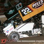 Aaron Shaffer (#220 racing with Abby Hohlbein (#11) Friday at I-96 Speedway with the Great Lakes Super Sprints. (Jim Denhamer Photo)