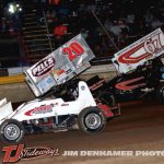 Andy Chehowski (#20A) racing with Kevin Martens (#67) Friday at I-96 Speedway with the Great Lakes Super Sprints. (Jim Denhamer Photo)