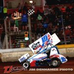 Jason Blonde takes the checkered flag at I-96 Speedway with the Great Lakes Super Sprints. (Jim Denhamer Photo)