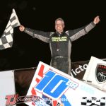 Jason Blonde takes the checkered flag at I-96 Speedway with the Great Lakes Super Sprints. (Jim Denhamer Photo)