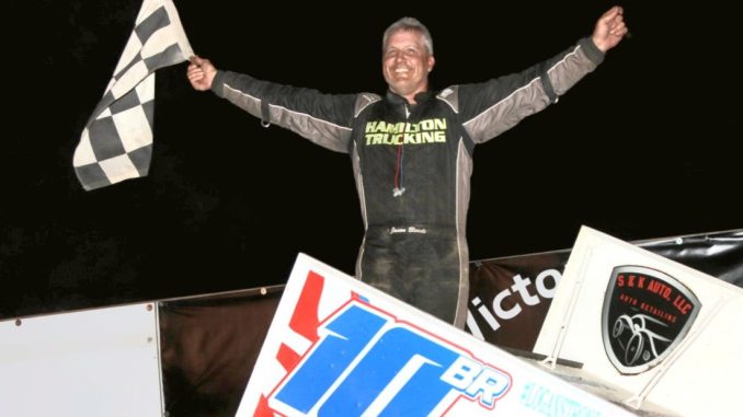 Jason Blonde in victory lane at I-96 Speedway after winning the Great Lakes Super Sprint event. (Jim Denhamer Photo)