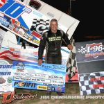 Jason Blonde takes the checkered flag at I-96 Speedway with the Great Lakes Super Sprints. (Jim Denhamer Photo)