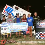 Jason Blonde takes the checkered flag at I-96 Speedway with the Great Lakes Super Sprints. (Jim Denhamer Photo)