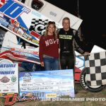 Jason Blonde takes the checkered flag at I-96 Speedway with the Great Lakes Super Sprints. (Jim Denhamer Photo)