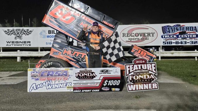 Jordan Hutton in victory lane after winning the CRSA Feature at Fonda Speedway. (Jeff Karabin Photo)