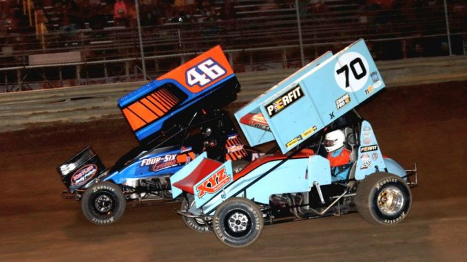 Ryan Coniam (#46) and Eli Lakin (#70) Saturday at Waynesfield Raceway Park. (Jim Denhamer Photo)