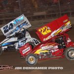 Kobe Allison (#24) and Randy Hannangan (#22H) racing for position Saturday at Waynesfield Raceway Park. (Jim Denhamer Photo)