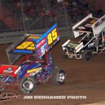 Dustin Daggett (#85) racing with Brad Lamberson (#27) Saturday at Waynesfield Raceway Park. (Jim Denhamer Photo)