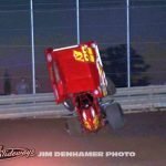 Randy Hannagan upside down Saturday at Waynesfield Raceway Park. (Jim Denhamer Photo)