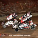 Abby Hohlbein (#11) racing with Gregg Dalman (#49T) Saturday at Waynesfield Raceway Park. (Jim Denhamer Photo)