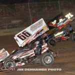 Chase Dunham (#66) and Max Stambaugh (#71H) Saturday at Waynesfield Raceway Park. (Jim Denhamer Photo)