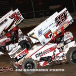 Phil Gressman (#7C) racing with Devon Dobie (#23) Saturday at Waynesfield Raceaway Park. (Jim Denhamer Photo)