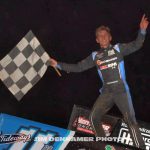 Kasey Jedrzejek celebrating his victory Saturday at Waynesfield Raceway Park. (Jim Denhamer Photo)