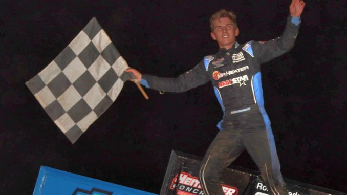 Kasey Jedrzejek after winning the Great Lakes Super Sprints feature Saturday at Butler Motor Speedway. (Jim Denhamer Photo)