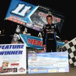 Kasey Jedrzejek in victory lane Saturday at Waynesfield Raceway Park. (Jim Denhamer Photo)