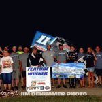 Kasey Jedrzejek with his family and crew in victory lane Saturday at Waynesfield Raceway Park. (Jim Denhamer Photo)