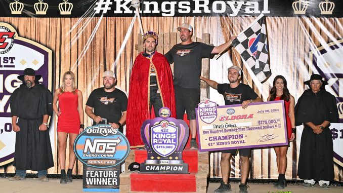 Cody Jacobs stands with David Gravel atop the throne after winning the 41st Kings Royal at Eldora Speedway. (T.J. Buffenbarger Photo)
