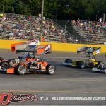 Trent Stephens (#19), Josh Sokolic (#36), and Tyler Shullick (#96) racing for position Saturday at Berlin Raceway. (T.J. Buffenbarger photo)