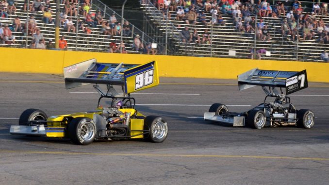 Tyler Shullick (#96) racing with Otto Sitterly (#7) Saturday at Berlin Raceway. (T.J. Buffenbarger photo)