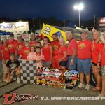 Mike McVetta with his family and crew in victory lane Saturday at Berlin Raceway. (T.J. Buffenbarger photo)