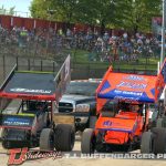 Kasey Kahne (#9) and Giovanni Scelzi (#18) prepare to push off for qualifying at Eldora Speedway. (T.J. Buffenbarger Photo)