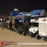 Teams line up their pit mules before one of the two features Wednesday night at Eldora Speedway. (T.J Buffenbarger Photo)