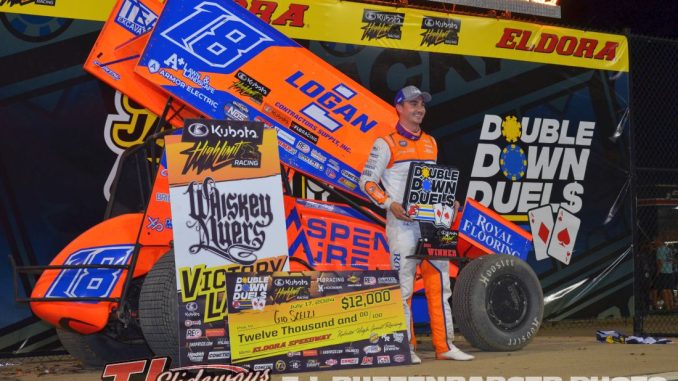 Giovanni Scelzi in victory lane for the first time in his career at Eldora Speedway following the Double Down Duels with the High Limit Sprint Car Series. (T.J. Buffenbarger Photo)