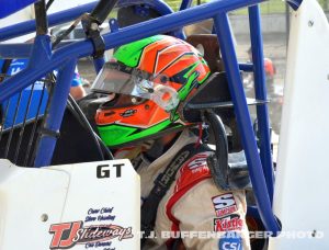 Gary Taylor strapped in before hot laps at Eldora Speedway. (T.J. Buffenbarger Photo)