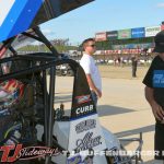 Ricky Warner looking over Rico Abreu's car before hot laps at Eldora Speedway. (T.J. Buffenbarger Photo)