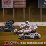 Brenham Crouch (#1), Brent Marks (#19), and Sye Lynch (#42) racing for position Saturday at Portsmouth Raceway Park. (Dan McFarland photo)