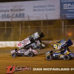 Sye Lynch (#42), Kasey Kahne (#9), and Brad Sweet (#49) racing for position Saturday at Portsmouth Raceway Park. (Dan McFarland photo)