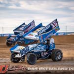 Donny Schatz (#15) inside of Zeb Wise (#26) during the 2024 Brad Doty Classic at Attica Raceway Park. (Dan McFarland Photo)