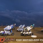 Buddy Kofoid (#83) leads Daison Pursley (#25), Zeth Sabo (#29), Skylar Gee (#99), Brandon Spithaler (#22), Kalib Henry (#101), and Donny Schatz (#15) during the 2024 Brad Doty Classic at Attica Raceway Park. (Dan McFarland Photo)