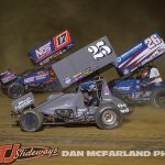 Daison Pursley (#25) racing with Sheldon Haudenschild (#17) and Zeb Wise (#26) during the 2024 Brad Doty Classic at Attica Raceway Park. (Dan McFarland Photo)