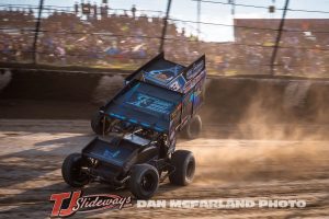 Kelby Watt (#1K) inside of Brock Zearfoss (#3Z) during the Jokers Jackpot Thursday night at Eldora Speedway. (Dan McFarland Photo)