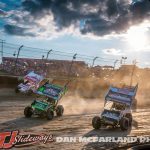 The field roars through turns one and two during the Jokers Wild Thursday night at Eldora Speedway. (Dan McFarland Photo)