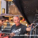 Sye Lynch (L) having a discussion with his father Ed Lynch Jr. (R) Thursday night during the Jokers Wild at Eldora Speedway. (Dan McFarland Photo)