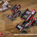 Aaron Reutzel (#87), Spencer Bayston (#5), and Garet Williamson (23) racing for position during the Jokers Jackpot Thursday night at Eldora Speedway. (Dan McFarland Photo)