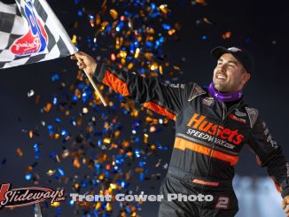 David Gravel after winning the feature event Sunday night at Weedsport Speedway. (Trent Gower Photo)