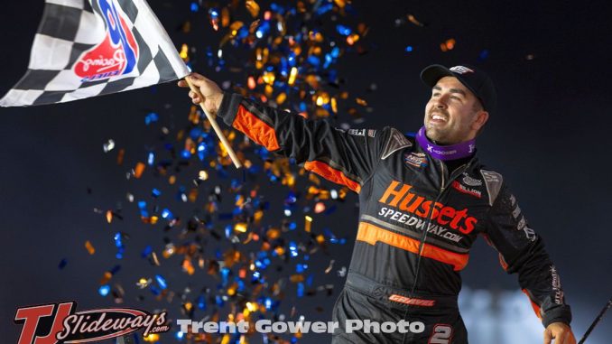 David Gravel after winning the feature event Sunday night at Weedsport Speedway. (Trent Gower Photo)