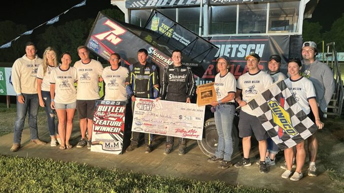 Darin Naida in victory lane with the Chuck Wilson's family after winning at Butler Motor Speedway in 2023. (T.J. Buffenbarger Photo)