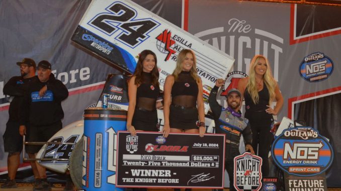 Rico Abreu in victory lane at Eldora Speedway after winning the Knight Before the Kings Royal at Eldora Speedway. (T.J. Buffenbarger Photo)