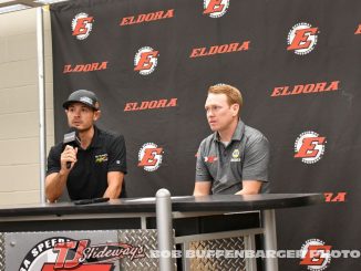 Kyle Larson and Brad Sweet discussion the new High Limit International Series during a press conference at Eldora Speedway. (Bob Buffenbarger Photo)