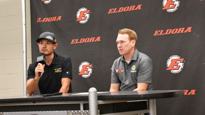 Kyle Larson and Brad Sweet discussion the new High Limit International Series during a press conference at Eldora Speedway. (Bob Buffenbarger Photo)